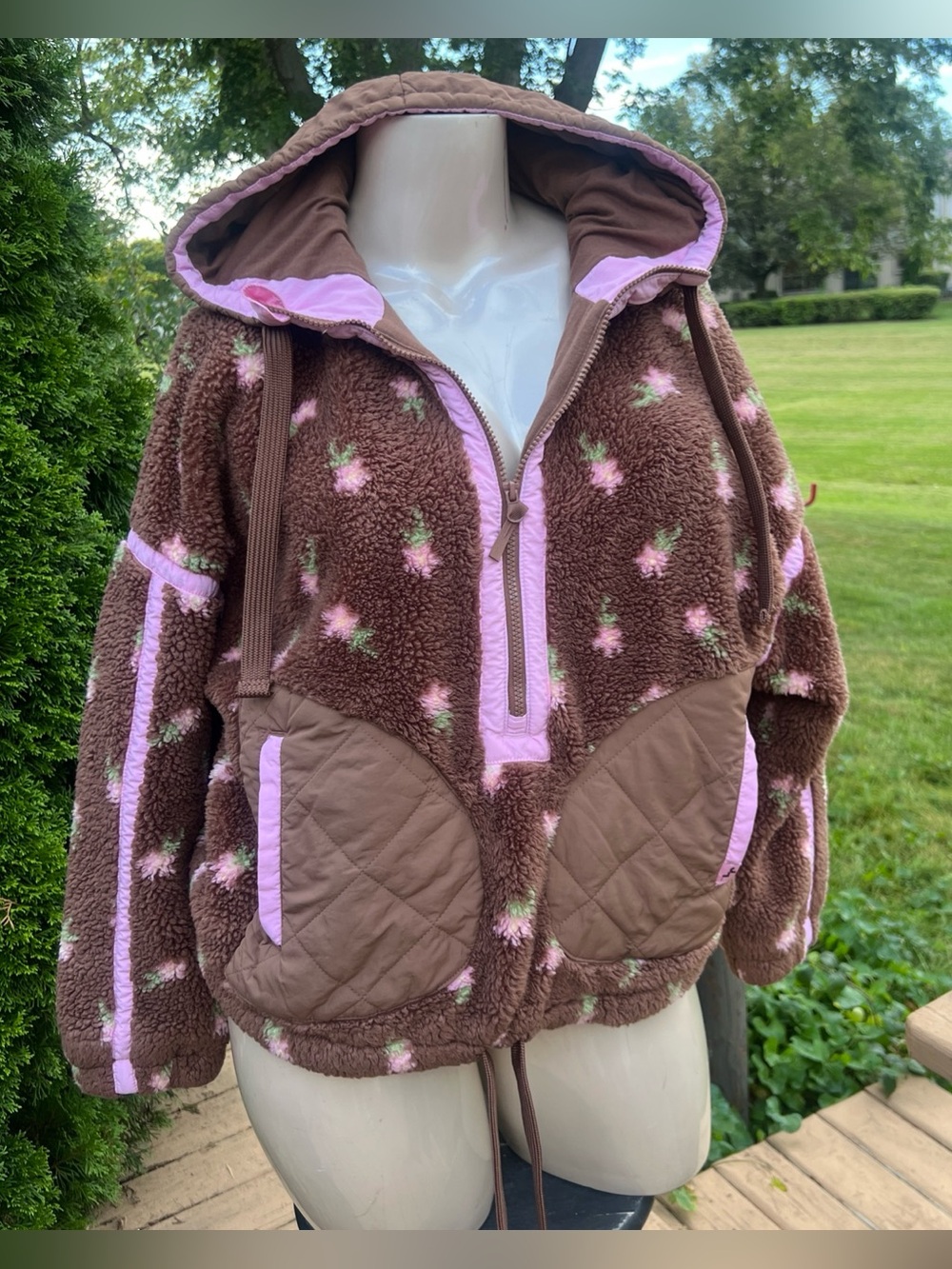 JoyLab FLORAL Women's Contrast High Pile 1/2 Zip Jacket Hooded Side Pockets L/XL